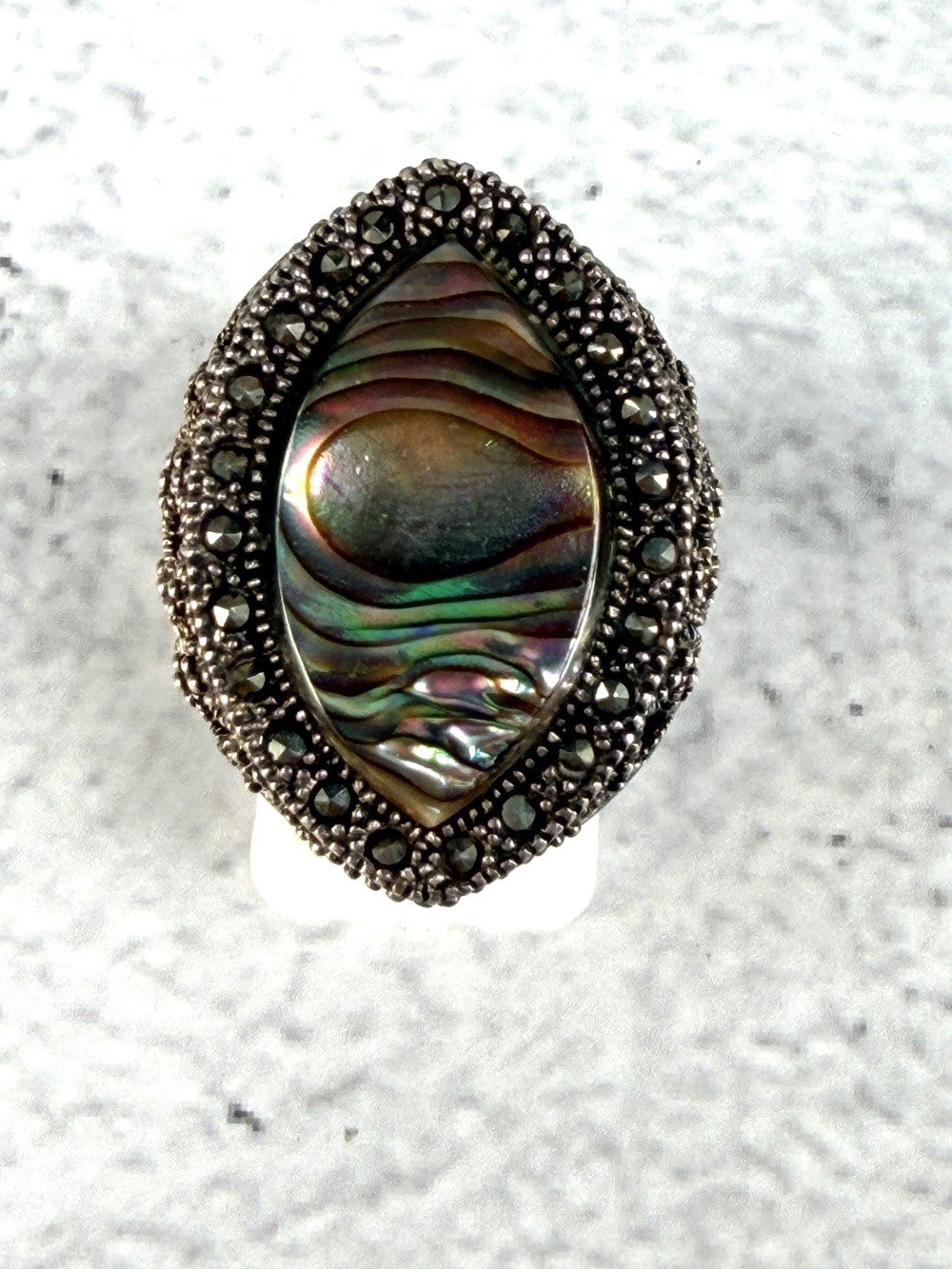 Vintage Sterling Silver Large Abalone and Marcascite Cocktail Ring Size 9